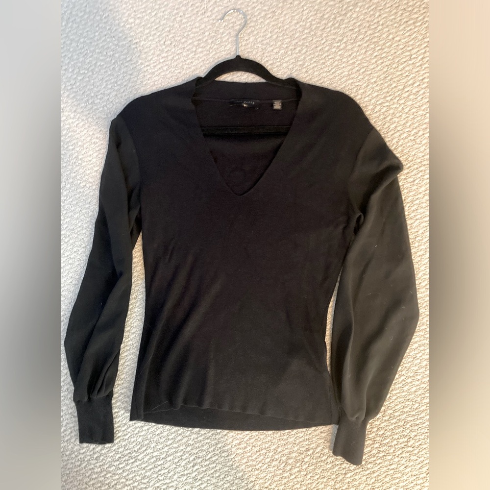 Black Ted Baker sweater w sheer sleeves. Gorgeous for a night out! Size 3